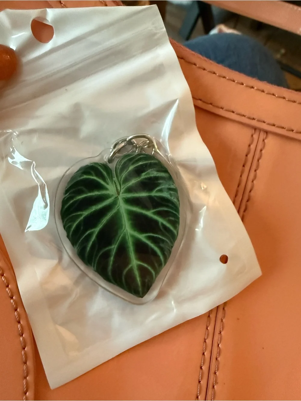 Jewel Anthurium Green Leaf Heart Keychain - Silver Hardware - NEW!